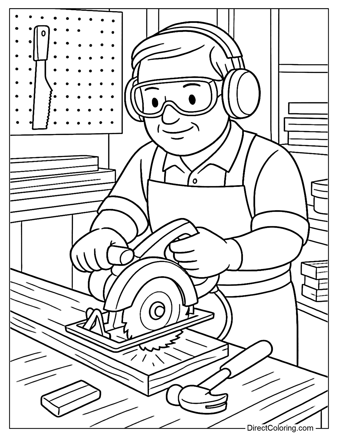 Professional Carpenter Using an Electric Saw Coloring Page